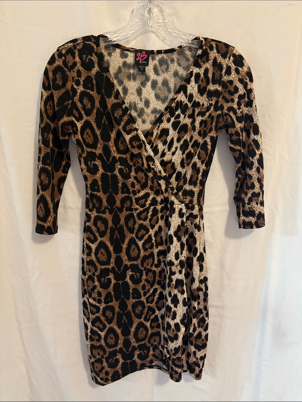 Women's Leopard Print Wrap Dress V-Neck 3/4 Sleeve Knee Length Brown/Black Belt